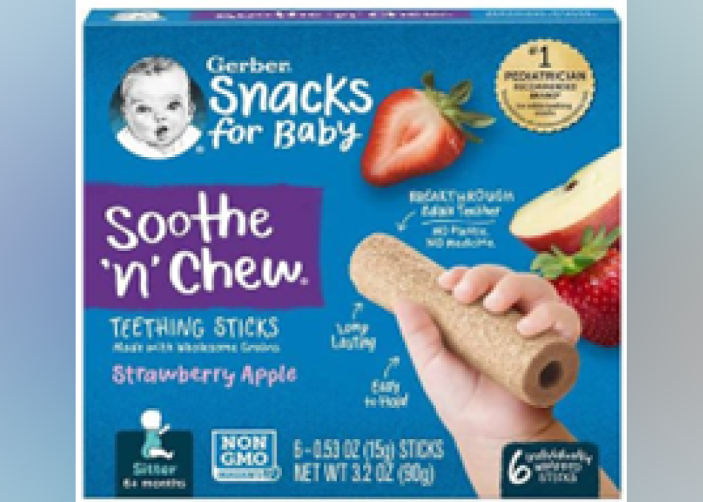 A package of Gerber Soothe N Chew Teething Sticks.